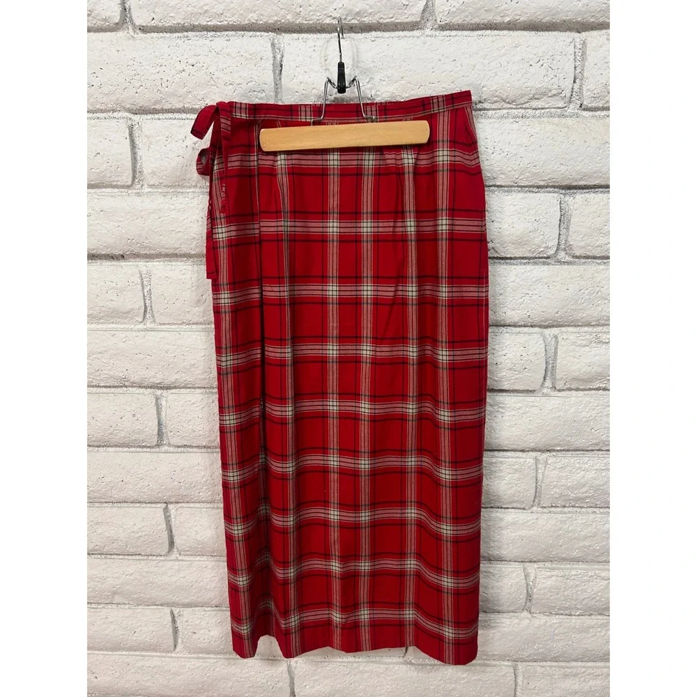 Crazy Horse Liz Claiborne Red Plaid Wrap Midi Skirt Petite 8P‎ Tartan Preppy Tie